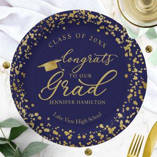 Congrats To Our Grad Gold Blue Graduation Paper Plates