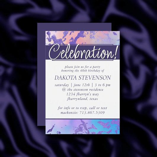 Cool Marble | Blue Purple and Pink Ombre Birthday Invitation