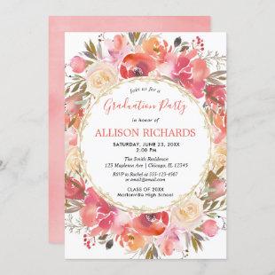 Coral and pink Floral watercolor graduation party Invitation