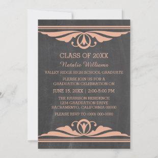Coral Deco Chalkboard Graduation Invite