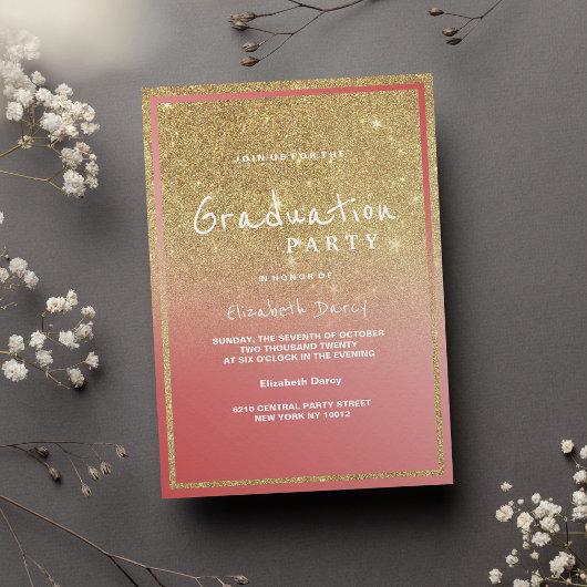 Coral faux gold ombre glitter modern Graduation Invitation