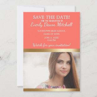 Coral Gold White Stripe Graduation Save Date Photo Save The Date