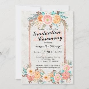 Coral Watercolor Flowers and Gold Graduation Invitation