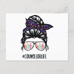 Counselor life messy bun hair glasses back to scho announcement postcard