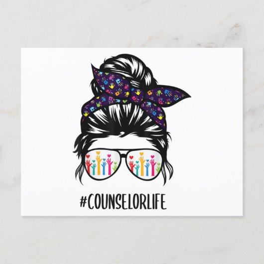 Counselor life messy bun hair glasses back to scho announcement postcard