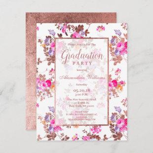 Country girly pink rose gold floral Graduation Invitation