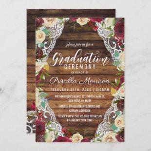 Country Red Ivory Floral Lace Wood Graduation Invitation
