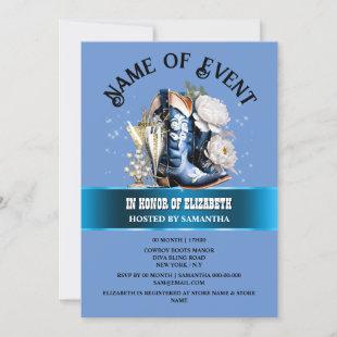 Cowgirl boots bling blue white peony flower chic invitation
