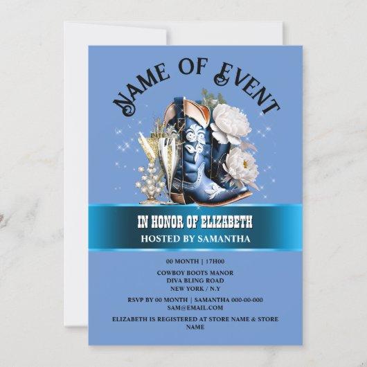Cowgirl boots bling blue white peony flower chic invitation