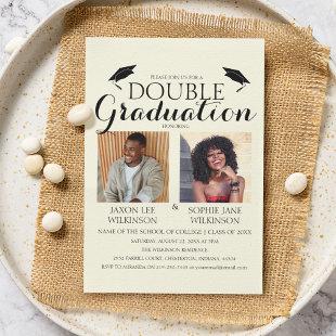 Cream Double Graduation 2 Photo Graduation Party Invitation