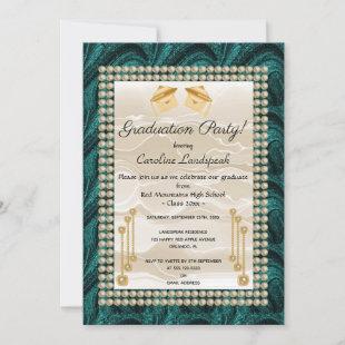 Cream Silk & Pearls Graduate Green Invitation