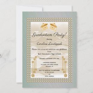 Cream Silk & Pearls Graduate Green Metallic Invitation