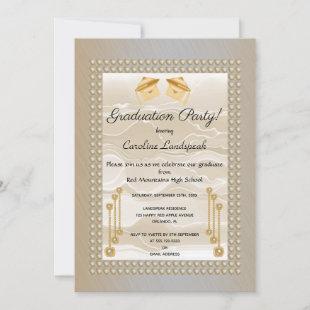Cream Silk & Pearls Graduate Light Orange Metallic Invitation