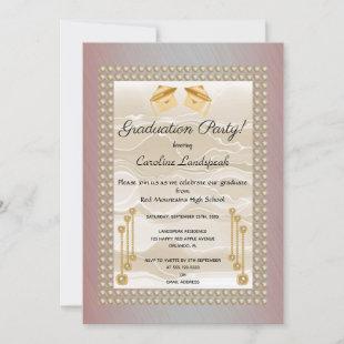 Cream Silk & Pearls Graduate Red Metallic Invitation