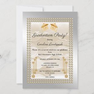 Cream Silk & Pearls Graduate Silver Metallic Invitation