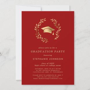 Crimson Gold Grad Cap Wreath Chic Graduation Party Invitation