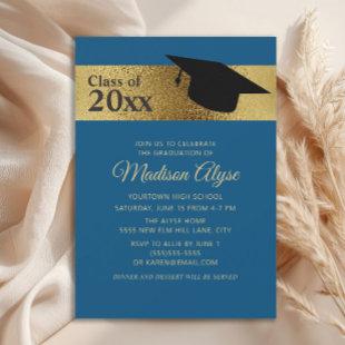 Custom Blue Gold Black Cap Class of Graduation Invitation