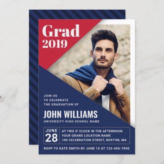 Custom GRAD Modern Red Blue White Photo Graduation Invitation