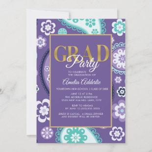 Custom Graduation Party Purple Teal Gold Paisley Invitation