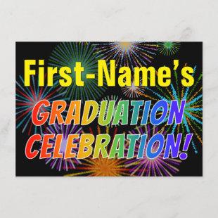 Custom Name, Rainbow Text, Fireworks Grad Party Invitation