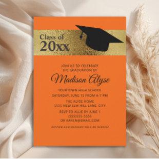 Custom Orange Gold Black Cap Graduation Invitation