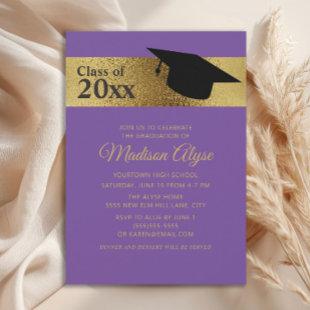 Custom Purple Gold Black Cap Graduation Invitation