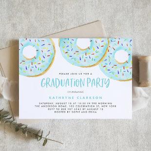 Cute Blue Watercolor Donuts Graduation Party Invitation