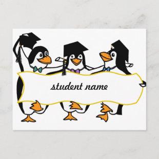 Cute Cartoon Graduating Penguins w/Banner Announcement Postcard