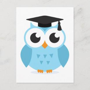 Cute cartoon owl graduate with mortarboard announcement postcard