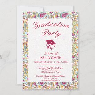 Cute colorful paisley pattern graduation party invitation