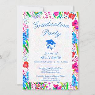 Cute colorful watercolor flowers graduation party invitation