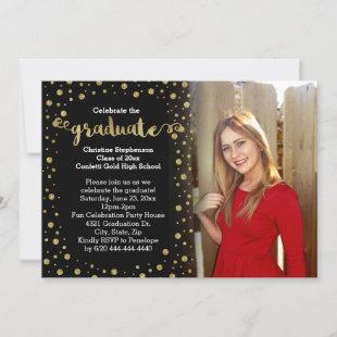 Cute Faux Gold Glitter Confetti Photo Graduation Invitation