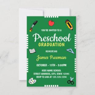 Cute Green School Supplies Kindergarten Graduation Invitation