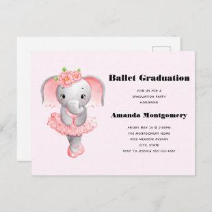 Cute Pink & Gray Elephant Ballerina Graduation Invitation Postcard