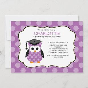 Cute Purple Polka dots Grad Owl Girl Graduation Invitation