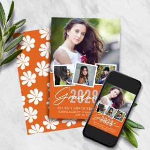 Cute Retro Orange Floral Graduation Photo Collage  Announcement
