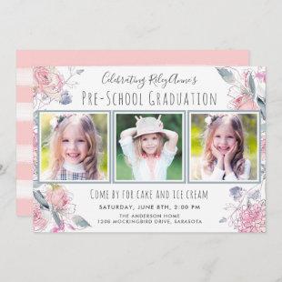 Cute Three-Photo Pre-School Graduation for Girl Invitation