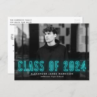 Cyan Neon Class of 2024 Photo Graduation Party Invitation Postcard