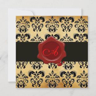 DAMASK PARCHMENT WAX SEAL MONOGRAM,black and brown Invitation