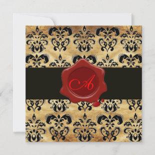DAMASK PARCHMENT WAX SEAL MONOGRAM,black and brown Invitation