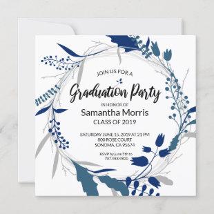 Dark Blue Boho Floral Wreath Graduation Party Invitation