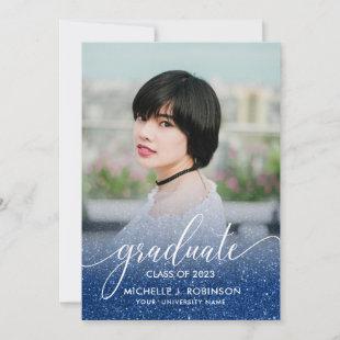 Dark Blue Glitter Ombre Girly Photo Graduation Announcement