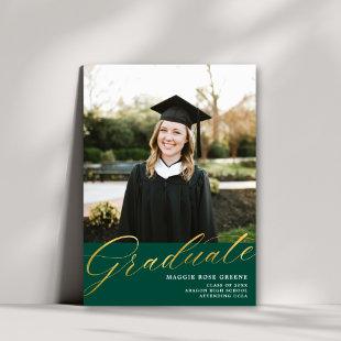 Dark Green Gold Modern Script | Graduation Photo Announcement