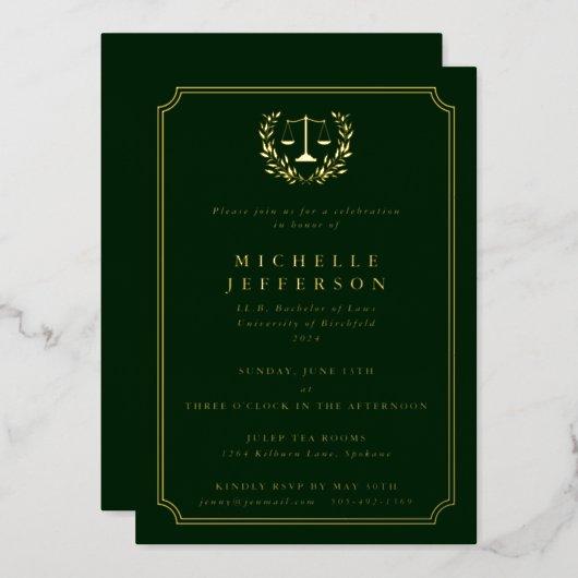 Dark Green Law School Graduation Party Foil Invitation
