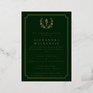 Dark Green MD Asclepius + Laurel Wreath Graduation Foil Invitation