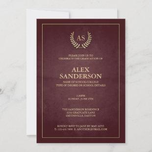Dark Maroon+Gold Monogram/Laurel Wreath Graduation Invitation