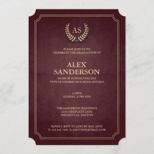 Dark Maroon+Gold Monogram/Laurel Wreath Graduation Invitation