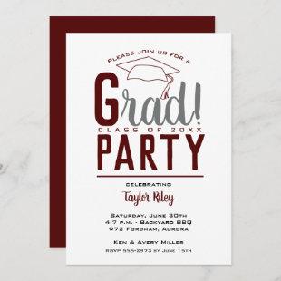 Dark Maroon White Gray Graduation Party Invites