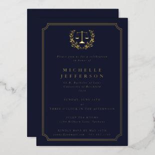 Dark Navy Law School Graduation Party Foil Invitation