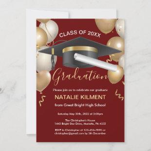 Dark Red and Gold Graduate Cap Graduation Party Invitation